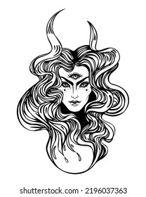 Young beautiful witch.  Mystic character. Alchemy, spirituality, occultism, tattoo art. Isolated black and white vector illustration. Halloween concept. Wiccan woman. 