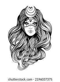 Young beautiful witch.  Mystic character. Alchemy, spirituality, occultism, tattoo art. Isolated black and white vector illustration. Halloween concept. Wiccan woman. 