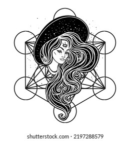 Young beautiful witch.  Mystic character. Alchemy, spirituality, occultism, tattoo art. Isolated black and white vector illustration. Halloween concept. Wiccan woman. 