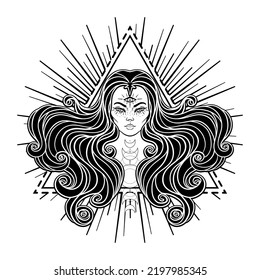 Young beautiful witch.  Mystic character. Alchemy, spirituality, occultism, tattoo art. Isolated black and white vector illustration. Halloween concept. Wiccan woman. 