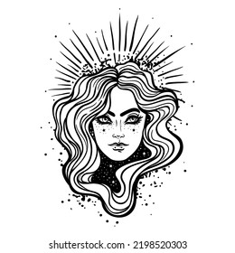 Young beautiful witch.  Mystic character. Alchemy, spirituality, occultism, tattoo art. Isolated black and white vector illustration. Halloween concept. Wiccan woman. 