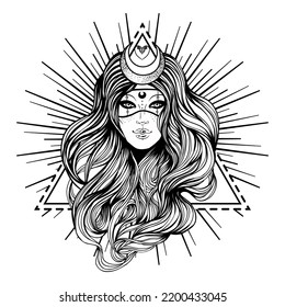 Young beautiful witch.  Mystic character. Alchemy, spirituality, occultism, tattoo art. Isolated black and white vector illustration. Halloween concept. Wiccan woman. 