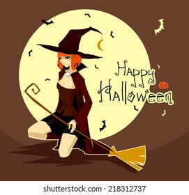 Young beautiful witch on a moon background with a broom in hand