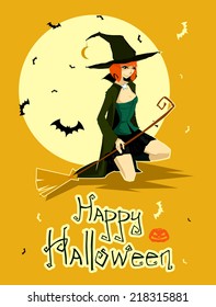 Young beautiful witch on a moon background with a broom in hand