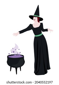 A young beautiful witch prepares a potion in a cauldron. Vector illustration in flat style. Design element for decoration for Halloween, magic and mysticism.