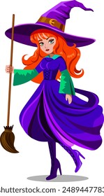 Young beautiful witch with red hair stands full length with a broom in her hand in a hat and witch costume Halloween character Vector