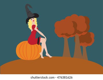 Young beautiful witch sitting on a pumpkin at night in the woods 