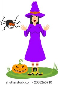 Young beautiful witch with spider and halloween pumpkin. Halloween character. Flan vector illustration.