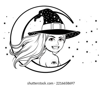 Joven bruja hermosa con sombrero grande y estrellas. Arte de tatuajes en blanco y negro