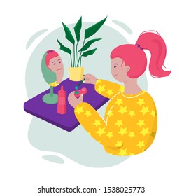 Young beautiful woman applying contact lens sitting at the table near the mirror. Smiling girl puts contact lenses in a case. Female cartoon flat character on white. Vector illustration.