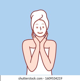 Young beautiful woman applying facial mask Skin care. Hand drawn style vector design illustrations.