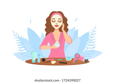 Young Beautiful Woman Applying Facial Skincare Cosmetic Mask Flat Vector Illustration