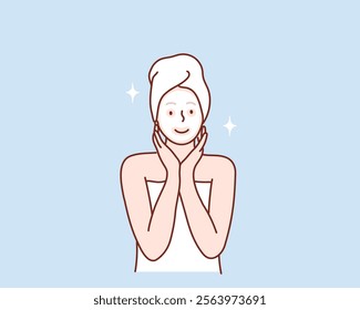 Young beautiful woman applying facial mask Skin care. Hand drawn style vector design illustrations.	