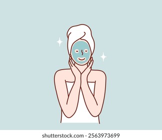 Young beautiful woman applying facial mask Skin care. Hand drawn style vector design illustrations.	