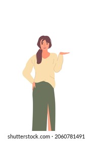 Young beautiful woman with arm out making who cares gesture. Facial expression, I don't know emotions. Negative expression female. Vector character illustration in flat style.