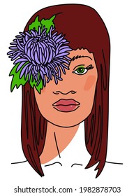 Young beautiful woman with aster flower portrait. Line style Vector illustration