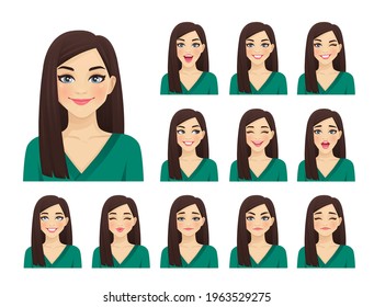 Young beautiful woman avatar with different facial expressions set isolated vector illustration