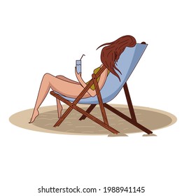 Young beautiful woman in from the back on a deck chair sits resting with a glass of water. vector illustration isolated on transparent background. Tourism, travel, recreation.