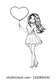 Young beautiful woman with a balloon. Black and white vector illustration.