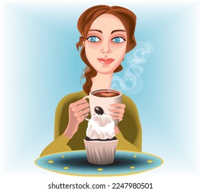 a young beautiful woman with big blue eyes holding a cup of coffee and looking at a chocolate cupcake on the plate