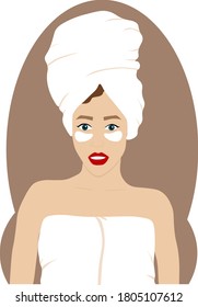 young beautiful woman with big lips, patches under the eyes for eyelids, in a large white towel on her head. vector illustration isolated on white background