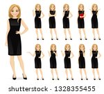 Young beautiful woman in black dress character in different poses set vector illustration