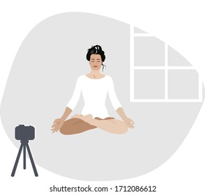 Young beautiful woman blogger sitting in lotus position camera streeming window in background flat vector illustration