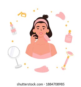 Young beautiful woman with bottle of face serum, facial gua sha stone, roller, mirror, cream. Facial yoga. Brunette woman massaging her face. Anti-aging skin care method. Vector flat illustration. 