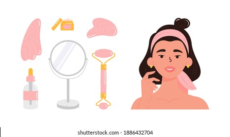 Young beautiful woman with bottle of face serum, facial gua sha stone,roller,mirror,cream. Facial yoga. Brunette woman massaging her face. Anti-aging skin care method. Vector flat illustration. 