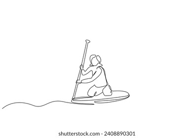 young beautiful woman canoe boat kayak calm holiday water sport lifestyle one line art design