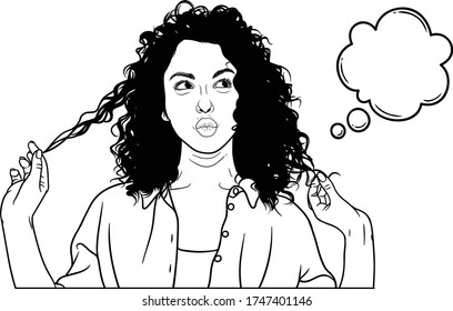 Young beautiful woman in casual outfit isolated in studio, line art of a beautiful curly hair girl thinking about something