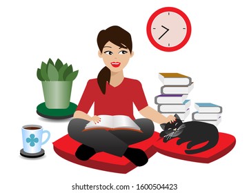 Young beautiful woman in casual sitting cross legged, holding and reading books on floor with stack of many books while cuddling sleeping black cat. Isolated on white background. Vector Illustration. 