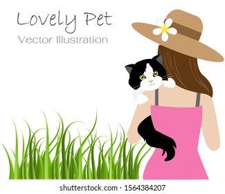 Young beautiful woman in causal dress holding and comforting her lovely black and white tuxedo cat in arms on green grass. Isolated in white background. Vector Illustration.