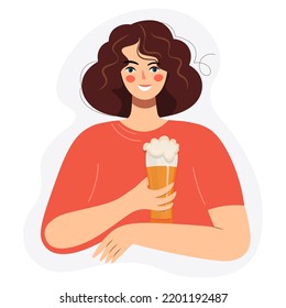 Young beautiful woman celebrating with beer. Smiling woman holding a large glass of beer. Close-up portrait of a beer lover. Vector isolated cartoon flat design illustration.