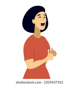 Young beautiful woman is chanting with her fists clenched. Sings or screams. Thumbs up. The concept of support, the right to vote. Modern cartoon flat style vector illustration isolated on white.