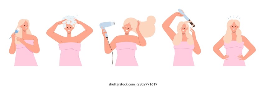 Young beautiful woman character taking care of hair set, daily hygiene routine at home concept
