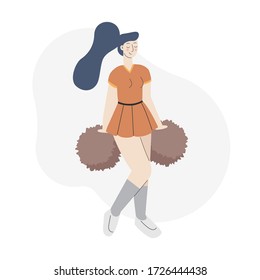 Young beautiful woman cheerleader holds pompons. Support group, pipidasters. Fitness dancing to support sports teams. Flat vector illustration.