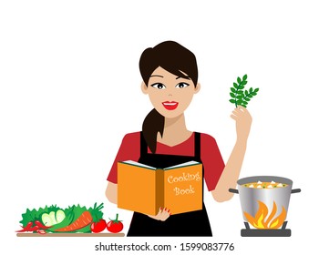 Young beautiful woman chef holding ingredients while reading cook book. Isolated on white background.Vector Illustration. Idea for housewife learning how to cook at home or cooking school.