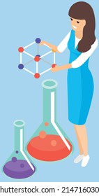 Young beautiful woman chemist with flasks with liquid in hand. Scientist girl is experimenting with equipment for vaccine discovery. Girl working on antiviral treatment development, conducts research