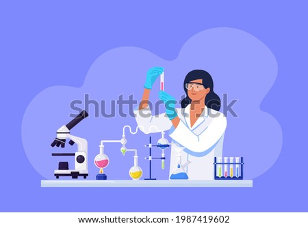 Young beautiful woman chemist with flasks with liquid in hand. Scientist girl is experimenting with equipment for vaccine discovery. Girl working on antiviral treatment development Vector illustration