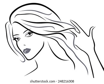 Young beautiful woman with chic hair, black over white hand drawing vector sketching artwork