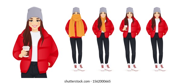 Young Beautiful Woman With Coffee. Winter Autumn Clothes Isolated Vector Illustration