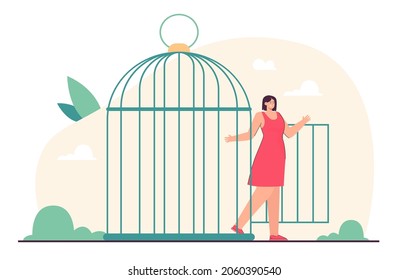 Young Beautiful Woman Coming Out Of Open Birdcages Door. Depressed Person Leaving Jail In Form Of Cage Flat Vector Illustration. Freedom, Violence, Mental Health, New Opportunities Concept