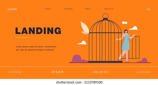 Young Beautiful Woman Coming Out Of Open Birdcages Door. Depressed Person Leaving Jail In Form Of Cage Flat Vector Illustration. Freedom, Violence, Mental Health, New Opportunities Concept