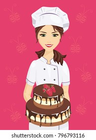 Young beautiful woman confectioner in uniform. Pastry chef is holding chocolate cake in his hands. Vector illustration.