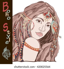 Young beautiful woman in costume of American Indian. Indian woman with traditional make up and in chief headdress looking to the side. Boho style fashion girl. Vector