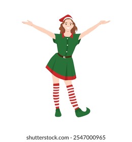 Young Beautiful woman in costume of Elf, Lady Santa Helper raising hands in the air happy. Flat vector illustration isolated on white background