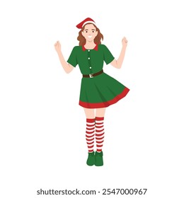 Young Beautiful woman in costume of Elf, Lady Santa Helper happy raising her arms. Flat vector illustration isolated on white background