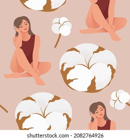 Young beautiful woman and cotton. Natural gaskets, menstruation days, soft fabric concepts. Vector illustration in flat style