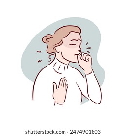 A young beautiful woman coughs. Disease, covid, asian girl unwell and coughing, have cold, sore throat suffering with symptom cough feeling bad. Hand drawn vector illustrations sketch style.